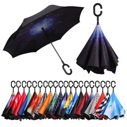 Eono by Amazon - Doppio Strato Invertito Ombrello, Manico a Forma di C Ombrello Ribaltabile inverso, Reverse Folding Umbrella, Anti UV Antivento Umbrella di Viaggio Inverted Umbrella, Galassia