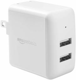 AmazonBasics Dual-Port USB Wall Charger for Phone, iPad, and Tablet, 2.4 Amp, White