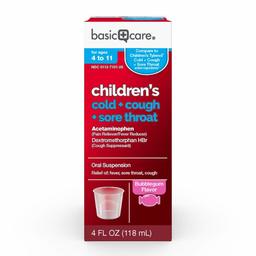 Basic Care Children's Cold, Cough & Sore Throat Oral Suspension, Bubblegum Flavor, 4 Fluid Ounce