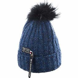 Jeff & Aimy Womens Detchable Raccoon Fur Pom Beanie Ribbed Knit Skull Cap Cold Weather Winter Hat Ladies Ski Snow Navy Blue