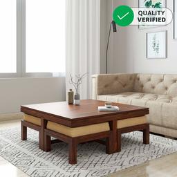 Amazon Brand - Solimo Andro Solid Sheesham Wood Coffee Table with 4 Stools (Teak Finish)