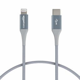 AmazonBasics Geavanceerd, dubbel gevlochten nylon USB‑C-naar-Lightning-kabel, MFi-gecertificeerde iPhone oplader - donkergrijs, 1,82 m