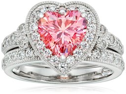 Amazon CollectionPlatinum-Plated Sterling Silver Swarovski Zirconia Fancy Pink Heart Antique Ring, Size 9