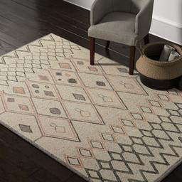 Amazon Brand – Rivet Handtufted Diamond-Patterned Cotton and Wool Area Rug, 5' x 8', Ivory with Charcoal and Blush