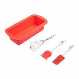 Amazon Brand - Solimo Baking Set (4 pieces, scraper, brush, whisk, cake mould)