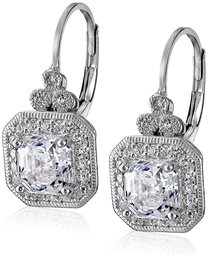 Platinum or Gold-Plated Sterling Silver Swarovski Zirconia Asscher-Cut Antique Drop Earrings