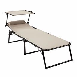 AmazonBasics Bain de soleil pliant en aluminium avec trois pieds et pare-soleil Réglable 5 positions Beige