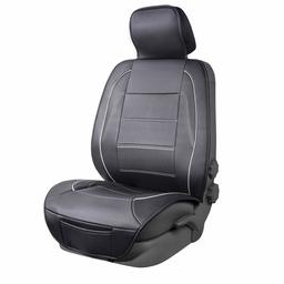 AmazonBasics - Funda Deluxe de asiento de cuero sintético de ajuste universal sin laterales, negro con líneas grises