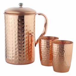 Amazon Brand - Solimo Copper Hammered Jug with Glass Set, 2.35 Litre, 3-Pieces, Brown