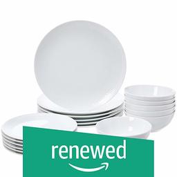 (Renewed) AmazonBasics 18-Piece Dinnerware Set - White Porcelain with Trim