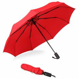 Eono by Amazon - Folding Umbrella Compact Travel Umbrella Strong Durable Windproof Rain Umbrella Portable Umbrella with Teflon Coating - Reinforced Canopy, Ergonomic Handle, Auto Open/Close, Red