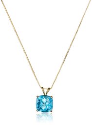 14k Yellow Gold Cushion Checkerboard Swiss Blue Topaz Pendant Necklace (8mm)