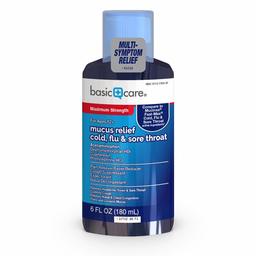 Basic Care Mucus Relief Cold, Flu & Sore Throat; Helps Relieve Common Cold and Flu Symptoms, 6 Fluid Ounces