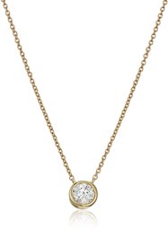 Yellow Gold Plated Sterling Silver Swarovski Zirconia Round Bezel Pendant Necklace