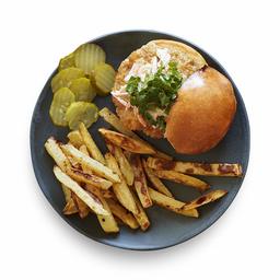 Amazon Meal Kits, Blue Cheese Chicken Burger with Buffalo Slaw & Garlic Fries