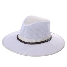 Jeff & Aimy UV Protection Mens Wide Brim Sun Hat Mesh Safari Breezer Hat Chin Cord Light Packable Fishing Hiking Gardening Hat Beige White 58cm M/L