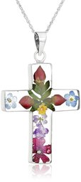 Amazon CollectionSterling Silver Pressed Flower Multi-Colored Cross Pendant Necklace