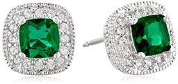 Amazon CollectionRhodium Plated Sterling Silver Cushion Cut Created Emerald 5mm and Created White Sapphire Halo Stud Earrings