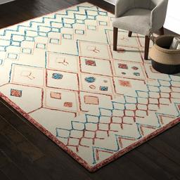 Amazon Brand – Rivet Handtufted, Diamond-Patterned Cotton and Wool Area Rug, 8' x 10', Cream with Orange and Blue