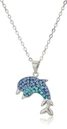 Silver Plated Light Blue and Blue Crystal Dolphin Pendant Neklace, 18