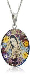 Sterling Silver Virgin Mary of Guadalupe Pressed Flower Pendant Necklace, 18