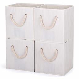 Umi. by Amazon - 4 Pack Folding Storage Box with Cotton Handles Shelf Box without Lid Fabric Box for Office Kids Room Wardrobe - Beige