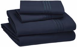 AmazonBasics Premium, Easy-Wash Embroidered Hotel Stitch 120 GSM Sheet Set - Queen, Navy Blue