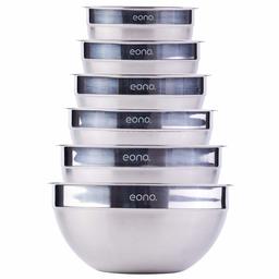 Amazon Brand: Eono Essentials 6-Piece Stainless Steel Stackable Mixing Bowls (Matte and High Gloss versions).