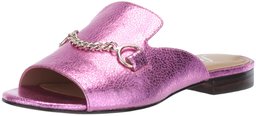 The Fix Amazon Brand Women's Nikole Open Toe Slide with Chain Detail Flat Sandal, Bubble Gum Pink/Metallic Crackle Leather, 6.5 B US