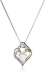 Sterling Silver and 14k Gold Created Opal Heart Mom Diamond Accent Pendant Necklace, 18