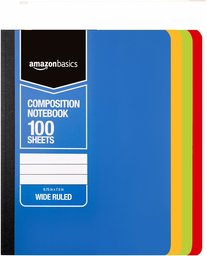 AmazonBasics Wide Ruled Composition Notebook, 100 Sheet, Assorted Solid Colours, 36 Pack