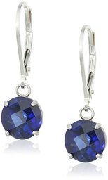 Sterling Silver Round Checkerboard Cut Created Blue Sapphire Leverback Earrings (8mm)