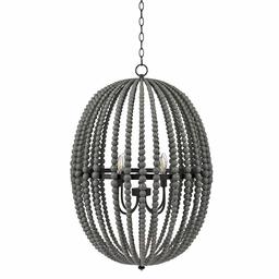 Amazon Brand – Stone & Beam Modern Farmhouse Round Wood Bead Cage Chandelier Ceiling Fixture With 4 LED Light Bulbs - 23 x 23 x 33 Inches, Grey