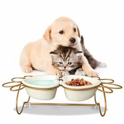 UMI. Essentials Elevated Cat Dog Bowls Raised Pet Feeder Set, Double Ceramic Bowl with Stainless Steel Stand