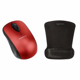 AmazonBasics Wireless Mouse with Nano Receiver and Gel Mouse Pad with Wrist Rest , Red