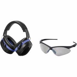 AmazonBasics Safety Ear Muffs Ear Protection, Black and Blue, and Safety Glasses, Smoke Lens