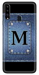 Amazon Brand - Solimo Designer Button Jeans Alphabet-M 3D Printed Hard Back Case Mobile Cover for Samsung Galaxy A20s