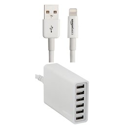 AmazonBasics - Cavo Lightning su USB, con certificazione Apple da 3 m con Caricatore USB a 6 porte, 60 W- Bianco