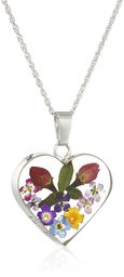 Sterling Silver Multicolor Pressed Flower Heart Pendant Necklace