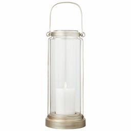 Amazon Brand – Stone & Beam Modern Casual Decorative Metal and Glass Lantern with LED Candle - 6 x 6 x 14 Inches, Silver, For Indoor Outdoor Use (Renewed)