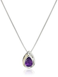 Sterling Silver and 14k Yellow Gold Amethyst and Diamond-Accent Tear Drop Pendant Necklace, 18