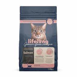 Marchio Amazon - Lifelong - Alimento secco completo per gatti con salmone fresco. Ricetta senza grano - 1,5 kg