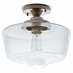 Amazon Brand – Stone & Beam Schoolhouse Semi-Flush Mount Ceiling Fixture With Light Bulb And Clear Glass Shade - 11 x 11 x 10.5 Inches, Brushed Nickel