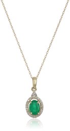 10k Yellow Gold Genuine Emerald Oval Shape with White Diamond Accent Pendant Necklace (1/10cttw, I-J Color, I2-I3 Clarity), 18