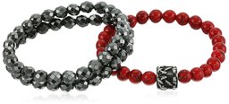 Men's Set of 3 Black and Simulated Coral Beaded Bracelets with Anchor Medallion Bracelet, 8