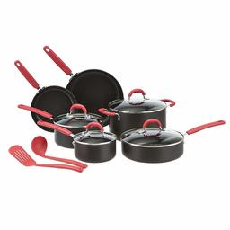 AmazonBasics Hard Anodised Non-Stick 12-Piece Cookware Set, Red