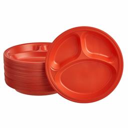 AmazonCommercial Plastic Plate, 3-Compartment, 10.25 Inch, Red, Pack of 125