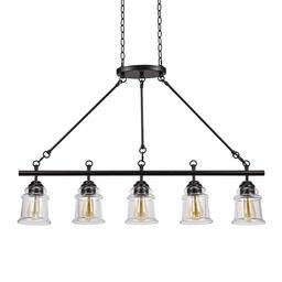 Amazon Brand – Stone & Beam Modern Farmhouse Island Hanging Ceiling Chandelier Fixture With 5 LED Vintage Light Bulbs And Glass Shades - 24 x 24 x 29 Inches, 72 Inch Cord, Dark Bronze