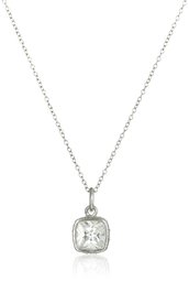 Rhodium Plated Sterling Silver Cushion Shape Cubic Zirconia 7mm Pendant Necklace (2 cttw), 18