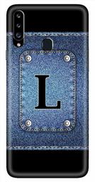 Amazon Brand - Solimo Designer Button Jeans Alphabet-L 3D Printed Hard Back Case Mobile Cover for Samsung Galaxy A20s